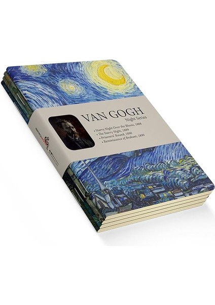 Night Series - A6, Van Gogh 4'lü Defter Seti I, Çizgisiz, Toplam 192 Sayfa, Her Biri 48 Sayfa, Tel Dikiş, Esnek Kapak, Oval Kenar, Tuval Doku, 60 Gram, Sarı Krem Renk