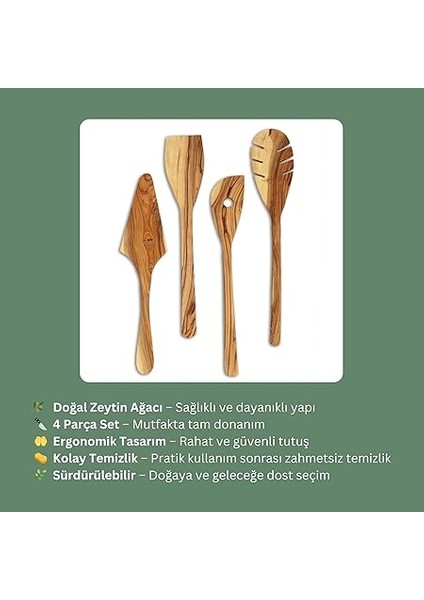 Zeytin Ağacı Mutfak Gereçleri Seti – 4 Parça | El Yapımı, Çevre Dostu, Çizilmez Ahşap Pişirme Aletleri | Spatula Seti (4'lü Set) modelleri