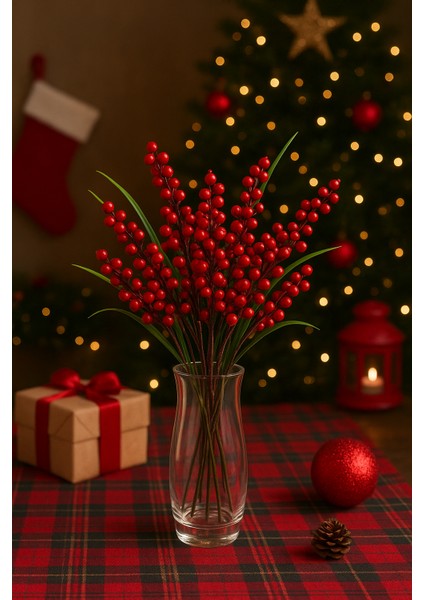 8 Dal Yapay Çiçek Kırmızı Kokina Demeti Kokina Çiçeği Yılbaşı Süsü Yılbaşı Ağacı Süsü Kırmızı Yeşil Lüx