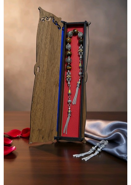 Usta Işi Pirinç Işlemeli ve Doğal Taşlı Zamak Zaza Tesbih - Özel Tasarım Kaplan Gözü Taşı