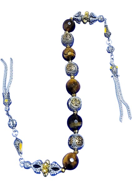 Usta Işi Pirinç Işlemeli ve Doğal Taşlı Zamak Zaza Tesbih - Özel Tasarım Kaplan Gözü Taşı fiyatları