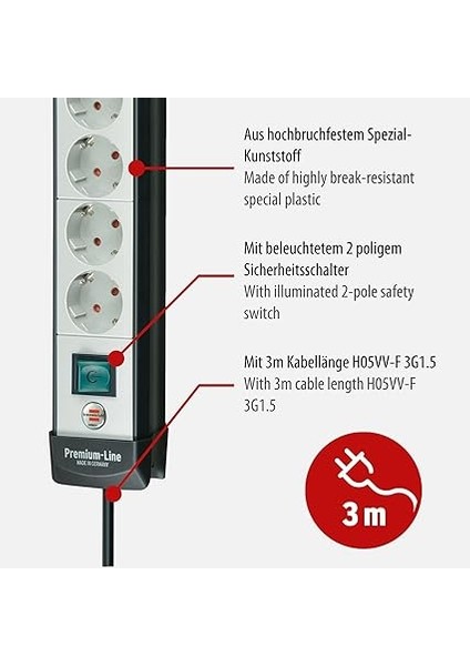Premium-Line Serisi 10 Soketli 3 Metre Kablolu Anahtarlı Priz modelleri