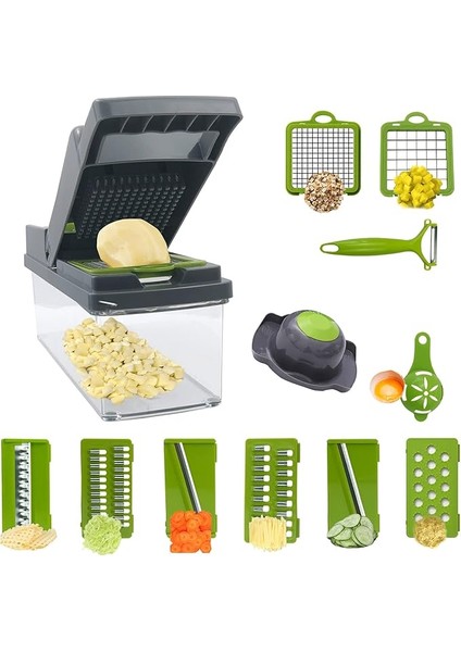 14'ü 1 Arada Sebze Rendesi, Sebze Kesici, Çok Fonksiyonlu Mutfak, Soğan, Patates Kesici, Soyucu, Hazneli ve Tahliye Sepetli