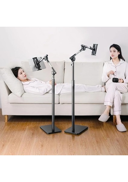 Profesyonel 12.9 Inçe Kadar Uyumlu Tablet Tutucu Yüksekliği Ayarlanabilir 360 Derece Dönebilen Kol ve Stant Olan Metal Taban Alüminyum Gövde 180CM Siyah Renk LD057 (LD057)