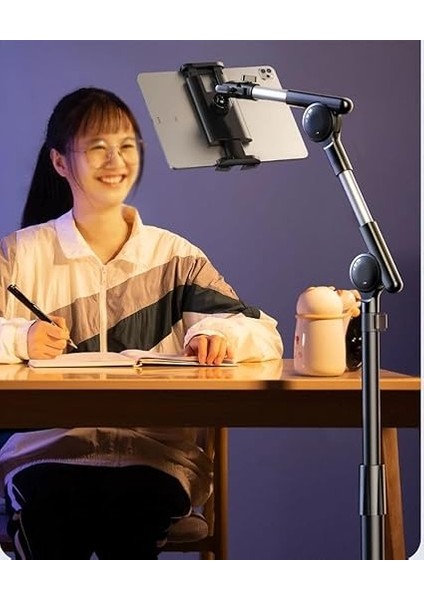 Profesyonel 12.9 Inçe Kadar Uyumlu Tablet Tutucu Yüksekliği Ayarlanabilir 360 Derece Dönebilen Kol ve Stant Olan Metal Taban Alüminyum Gövde 180CM Siyah Renk LD057 (LD057) modelleri