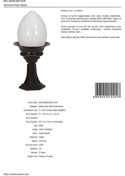 BSU-68058-BSY-KOP Siyah Elektrostatik Toz Boyalı Dış Mekan Aydınlatma, E27, Aluminyum, Akrilik Cam, 22CM indirimleri