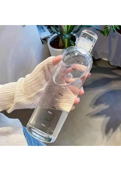 2407 Borosilikat Cam Su Şişesi - Su Içme Saatli Dereceli Matara Suluk - Başucu Sürahisi Şeffaf 750 ml