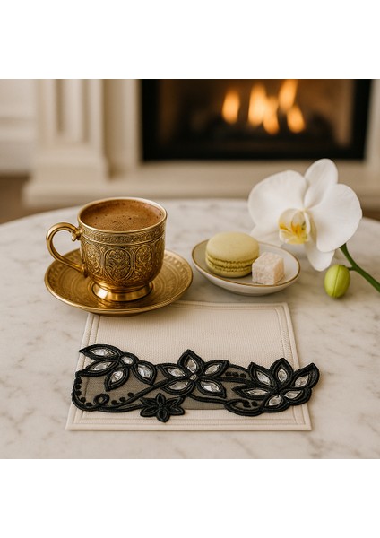 El Nakışı Siyah Floral Motifli Taş Işlemeli Premium Kahve Sunum Altlığı fiyatları