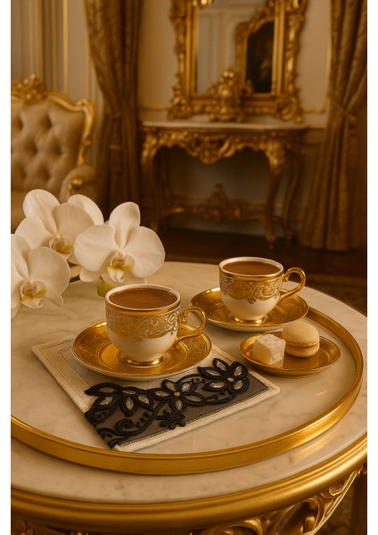 El Nakışı Siyah Floral Motifli Taş Işlemeli Premium Kahve Sunum Altlığı modelleri