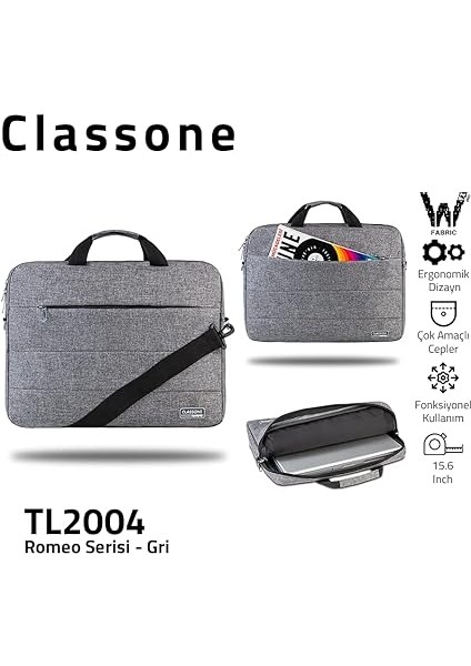 Romeo Serisi TL2004 15.6 Inch Uyumlu Su Geçirmez Kumaş, Notebook, Laptop , El Çantası- Gri fiyatları