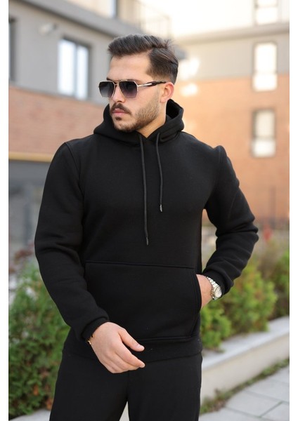 Erkek Kapüşonlu Üç Iplik Şardonlu Hoodie