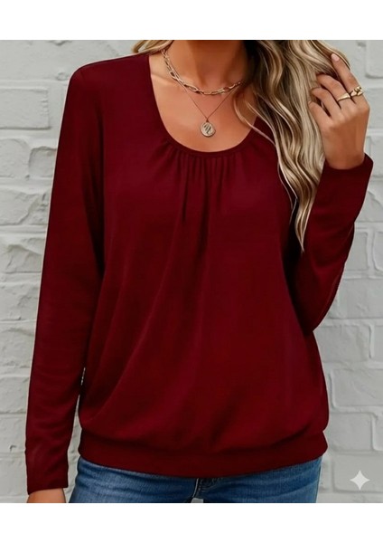 Kadın Uzun Kollu Yuvarlak Yakalı Viskon Bluz