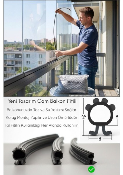 Cam Balkon Fitili 7,5 mm Yükseklik 5 Metre Uzunluk Toz ve Su Yalıtımı Için Kıl Fitil Alternatifi Siyah Conta