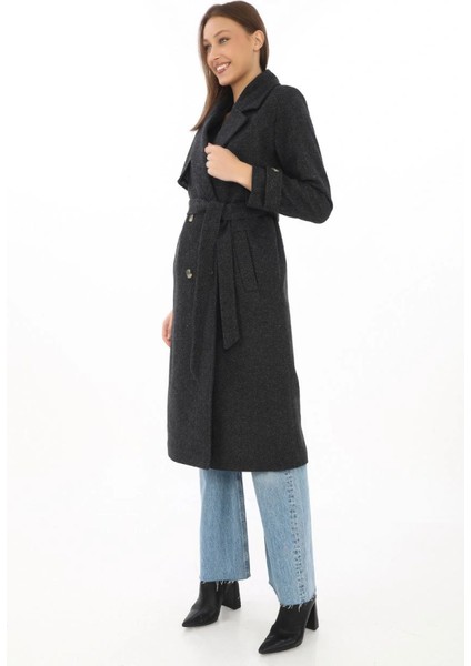 Premium Kaşe Kaban Uzun Boy, Balık Sırtı Yünlü Kaşmir Dokuma, Kruvaze Kuşaklı Astarlı - Siyah fiyatları