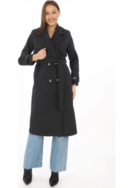 Premium Kaşe Kaban Uzun Boy, Balık Sırtı Yünlü Kaşmir Dokuma, Kruvaze Kuşaklı Astarlı - Siyah modelleri