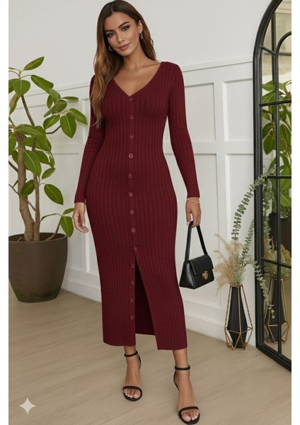 Kadın Uzun Kollu V Yakalı Önden Düğmeli Şardonlu Kaşkorse Elbise modelleri