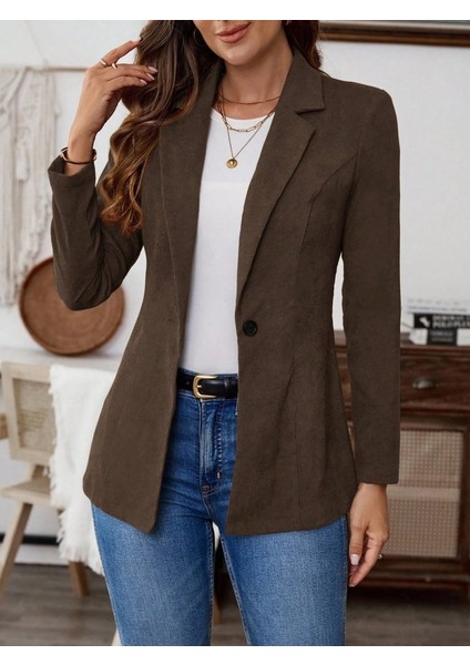 Kadın Uzun Kollu Yakalı Tek Düğmeli Süet Ceket