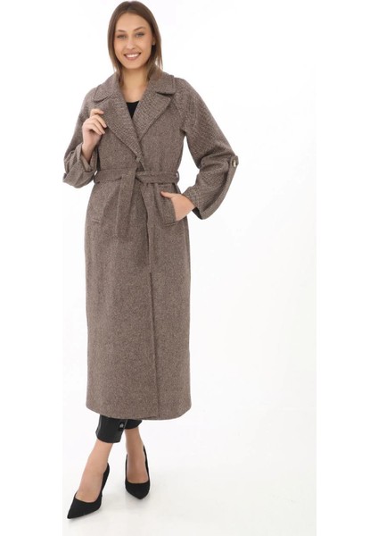 Uzun Kaşe Kaban – Yünlü Dokuma Kaşmir Kumaş, Kruvaze Yaka, Kuşaklı Astarlı Tesettür Uyumlu Şık Kışlık Siyah Model- Vizon