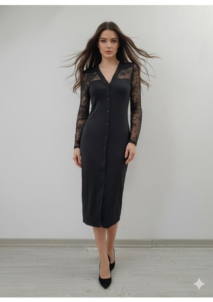 Kadın Uzun Kollu Transparan Detay Midi Boy Elbise