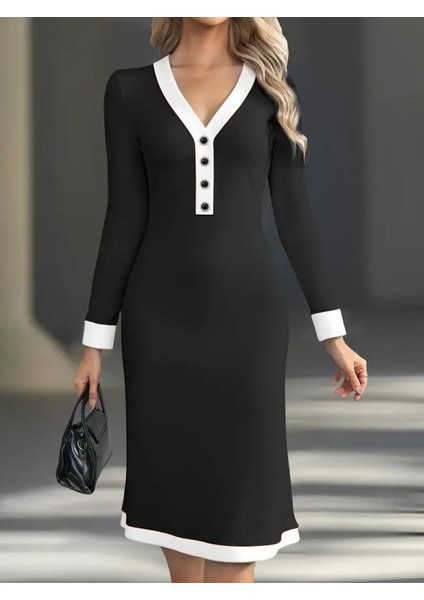 Kadın Uzun Kollu V Yakalı Düğmeli Midi Modal Elbise fiyatları