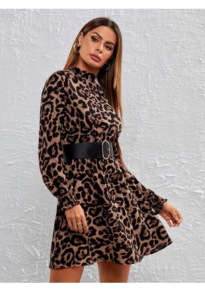 Kadın Uzun Kollu Yarı Balıkçı Yaka Leopar Desenli Kadife Elbise modelleri