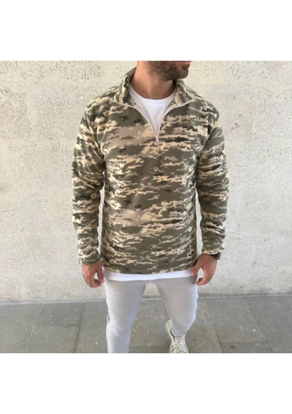 Erkek Yarım Fermuarlı Desenli Polar Sweat – Haki Kamuflaj Yakalı, Uzun Kollu, Oversize Rahat Kalıp - Haki fiyatları