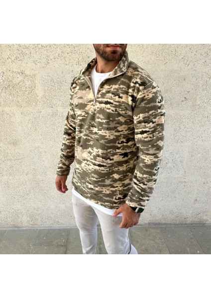 Erkek Yarım Fermuarlı Desenli Polar Sweat – Haki Kamuflaj Yakalı, Uzun Kollu, Oversize Rahat Kalıp - Haki fırsatları