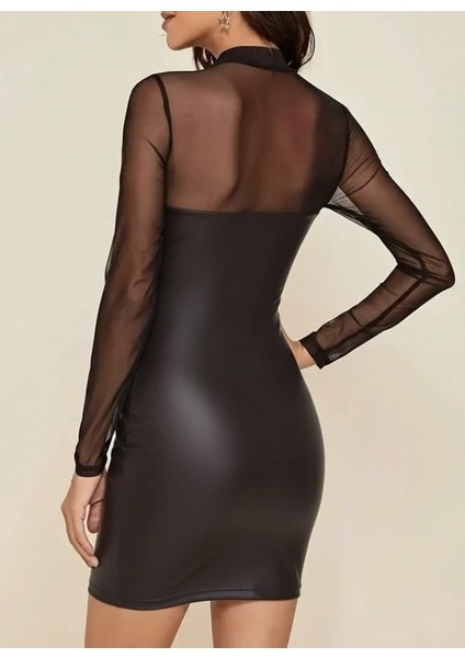 Kadın Uzun Kollu Balıkçı Yaka Tül Detaylı Mini Deri Elbise modelleri