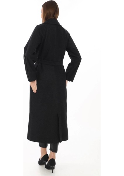 Uzun Kaşe Kaban – Yünlü Dokuma Kaşmir Kumaş, Kruvaze Yaka, Kuşaklı Astarlı Tesettür Uyumlu Şık Kışlık Siyah Model - Siyah modelleri