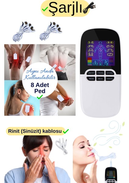 Çift Kanallı 8 Pedli Taşınabilir Fizik Tedavi Tens Cihazı Masaj Aleti