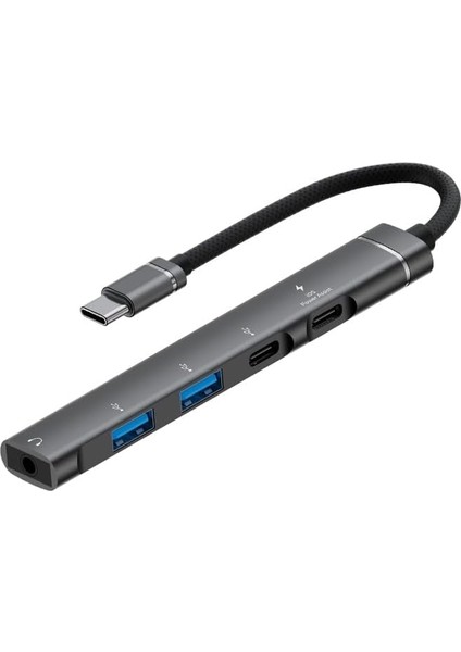Type-C Hub, 5in1, 2 Adet Type-C, 2 Adet Usb-A Çoklayıcı, 3,5 mm Kulaklık Çıkışlı USB C Hub Adaptörü Macbook ile Uyumlu H03