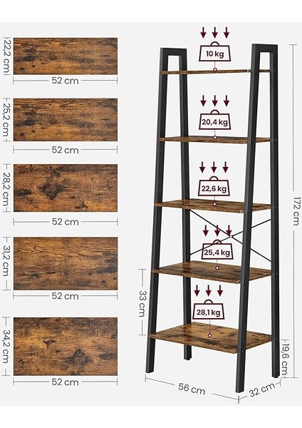 Ayaklı Raf, Kitaplık, 5 Raflı, Metal Iskeletli, Pratik Montaj, Oturma Odası, Yatak Odası, Mutfak Için, 56 x 34 x 172 cm (U x G x Y), Vintage Kahverengi-Siyah LLS45X modelleri