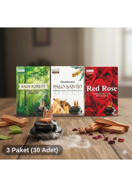 Geri Akışlı Şelale Tütsü 3'lü Set (Rain Forest, Palo Santo, Red Rose) - 30 Adet