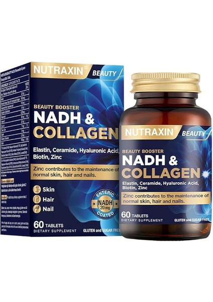 Nadh & Collagen | Tip I-Iıı Kolajen + Nadh + Hyaluronik Asit | Cilt, Saç, Tırnak ve Enerji Desteği | 60 Tablet