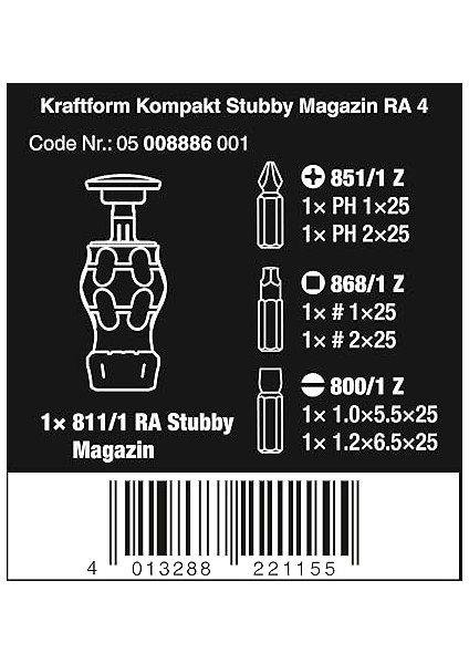 05008886001 Kraftform Kompakt Stubby Magazin Ra 4, Cırcırlı Kısa Tornavida, Uç Hazneli, 6 Parça fiyatları