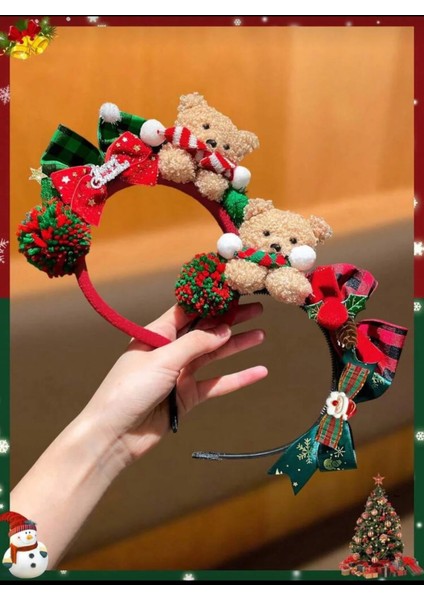 Noel Taçı Saç Bandı, Ayıcık ve Kurdele Detaylı, Kırmızı Yeşil, 17.5cm Genişlik, Yetişkin ve Çocuk Için Uygun, Tatil Temalı Siyah