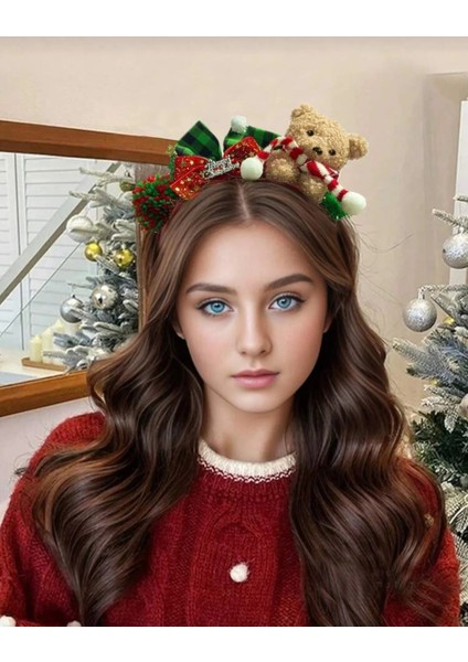 Noel Taçı Saç Bandı, Ayıcık ve Kurdele Detaylı, Kırmızı Yeşil, 17.5cm Genişlik, Yetişkin ve Çocuk Için Uygun, Tatil Temalı Siyah modelleri