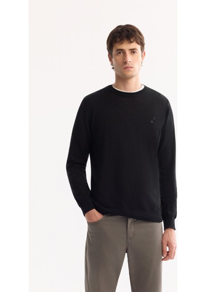 Erkek Siyah Bisiklet Yaka Yün Karışımlı Triko Regular Fit Kazak B005013