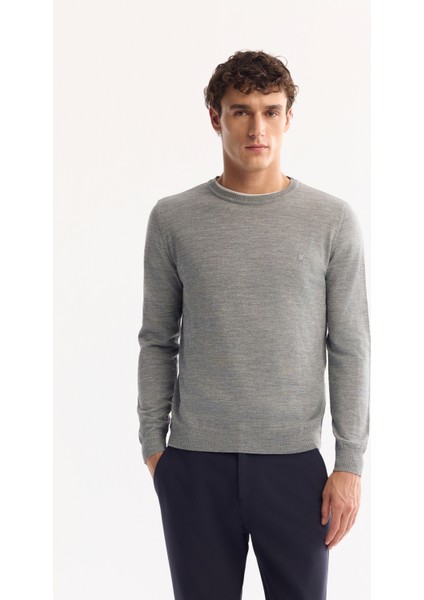 Erkek Gri Bisiklet Yaka Yün Karışımlı Triko Regular Fit Kazak B005013