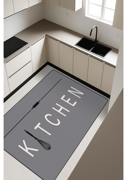 Kitchen Desenli Dijital Baskı Kaymaz Taban Mutfak Halısı H0038