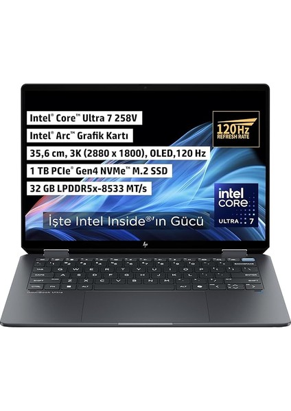 Omnibook Ultra Flip X360 | Intel® Core™ Ultra 7 258V | 32 GB Ram | 1 Tb SSD | Intel Arc Graphics | 14 Inç 2.8k 2880X1800 OLED 400 Nits 120 Hz Dokunmatik/touchscreen | Windows 11 | Notebook |B46ZFEA