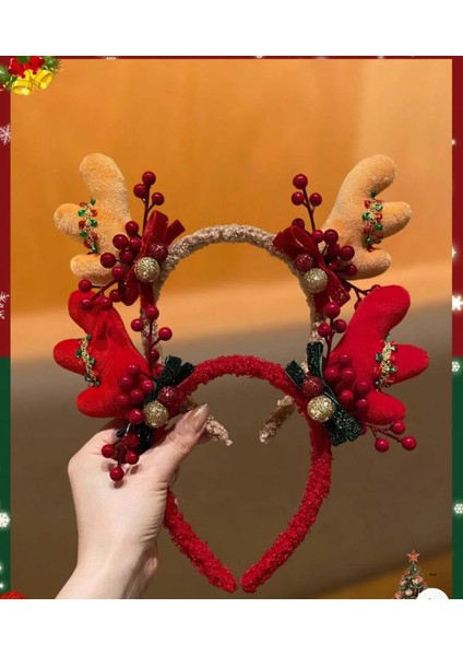Noel Geyik Sütlü Kahve 1 Adet Taç, Kırmızı ve Gümüş, Peluş Boynuzlu, Süslü Yılbaşı Temalı Saç Bandı, 24CM x 14CM