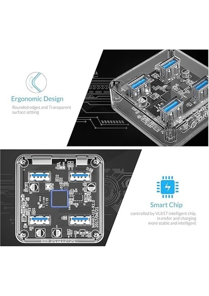 MH4U-U3, 4 Portlu Şeffaf Usb3.0 Hub, Yüksek Hızlı, 1m Kablo Uzunluğu, Uasp Destekli modelleri
