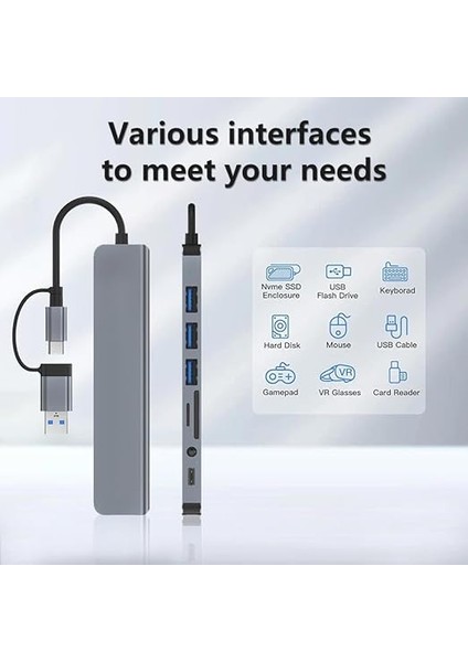 MT96 Otg Kablolu Çoklayıcı Type-C USB Girişli 8in1 Adaptör Hub Çoğaltıcı Kart Okuyucu Aux modelleri