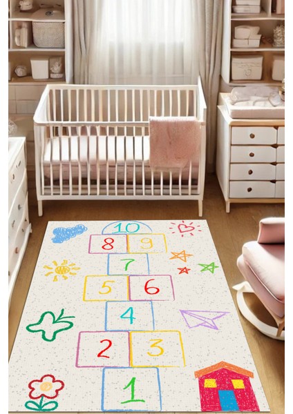 Seksek Desenli Çocuk Odası Bebek Odası Halısı Kaymaz Yıkanabilir Antialerjik Dijital Baskılı Halı
