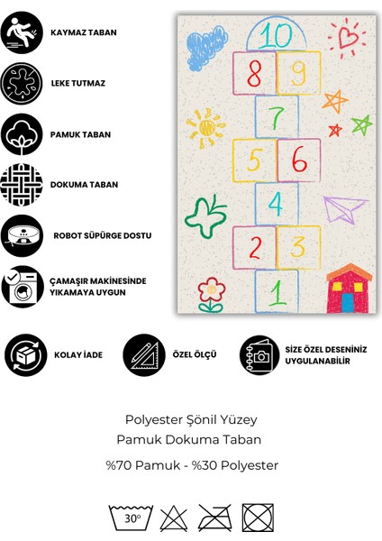 Seksek Desenli Çocuk Odası Bebek Odası Halısı Kaymaz Yıkanabilir Antialerjik Dijital Baskılı Halı