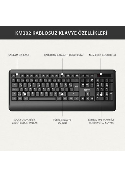 KW202 Kablosuz Türkçe Q Klavye & Mouse Set - Qwerty Türkçe Dizilim Klavye, 1200DPI Optik Fare, Win/mac Uyumlu, Sıvı Dökülmesine Dayanıklı, Bilek Dinlendirme Türkçe Q Klavye Mouse Seti Siyah modelleri