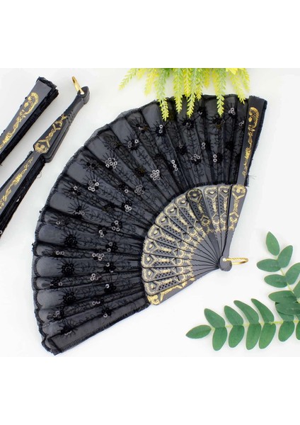 Plastik Pullu Kumaş Yelpaze 12'li Siyah