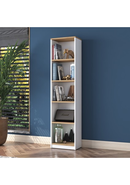 HC111 Kitaplık 5 Raflı Çalışma Odası Kütüphane Modern Duvar Rafı Beyaz - Sepet Ceviz