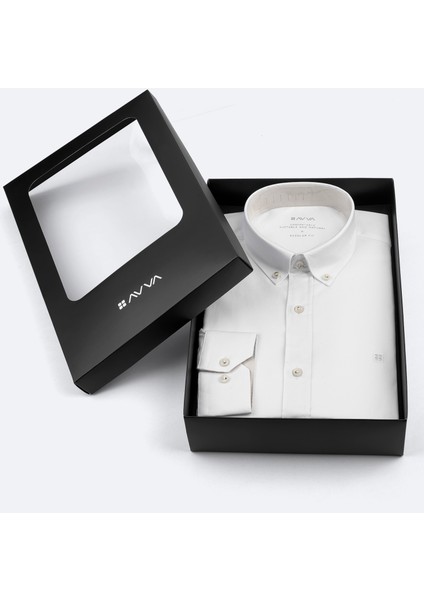 Erkek Beyaz Düğmeli Yaka Hediye Kutulu %100 Pamuk Basic Regular Fit Gömlek B002034